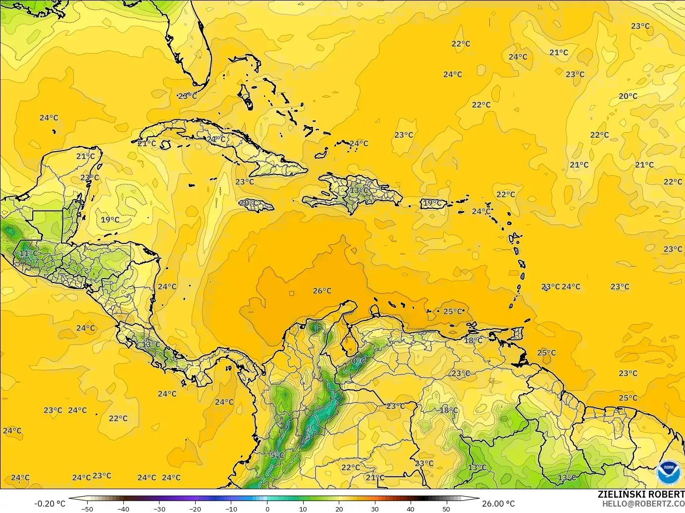 GFS model - Karayipler, 2 m Çiy Noktası