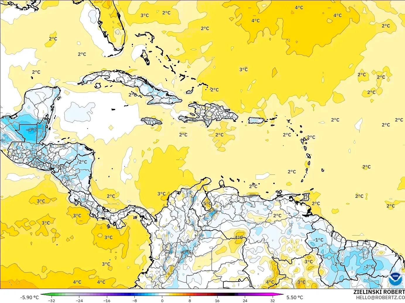 GFS model - Karayipler, 2 m Sıcaklık Anomalisi
