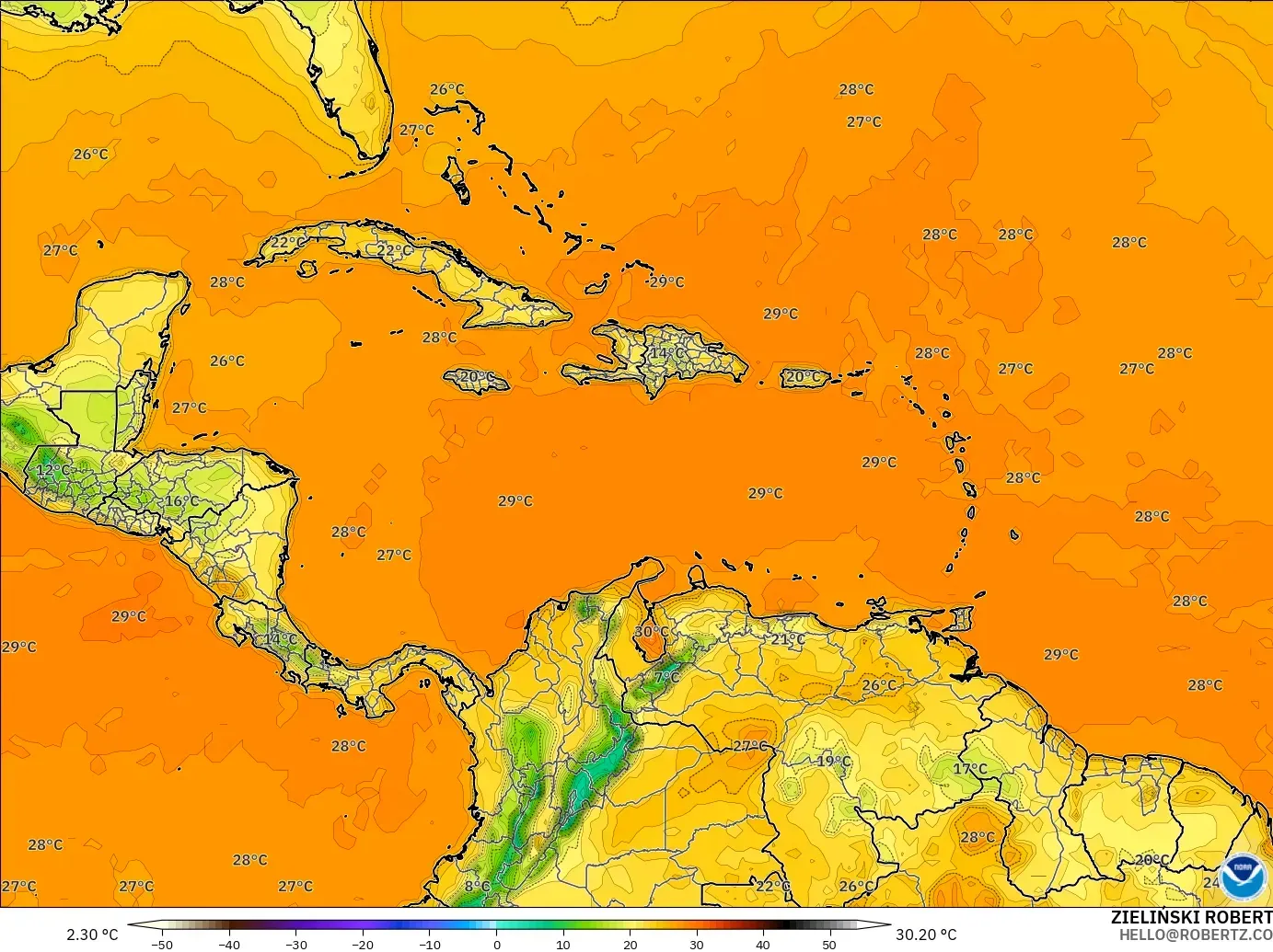 GFS model - Karayipler, 2 m Sıcaklık
