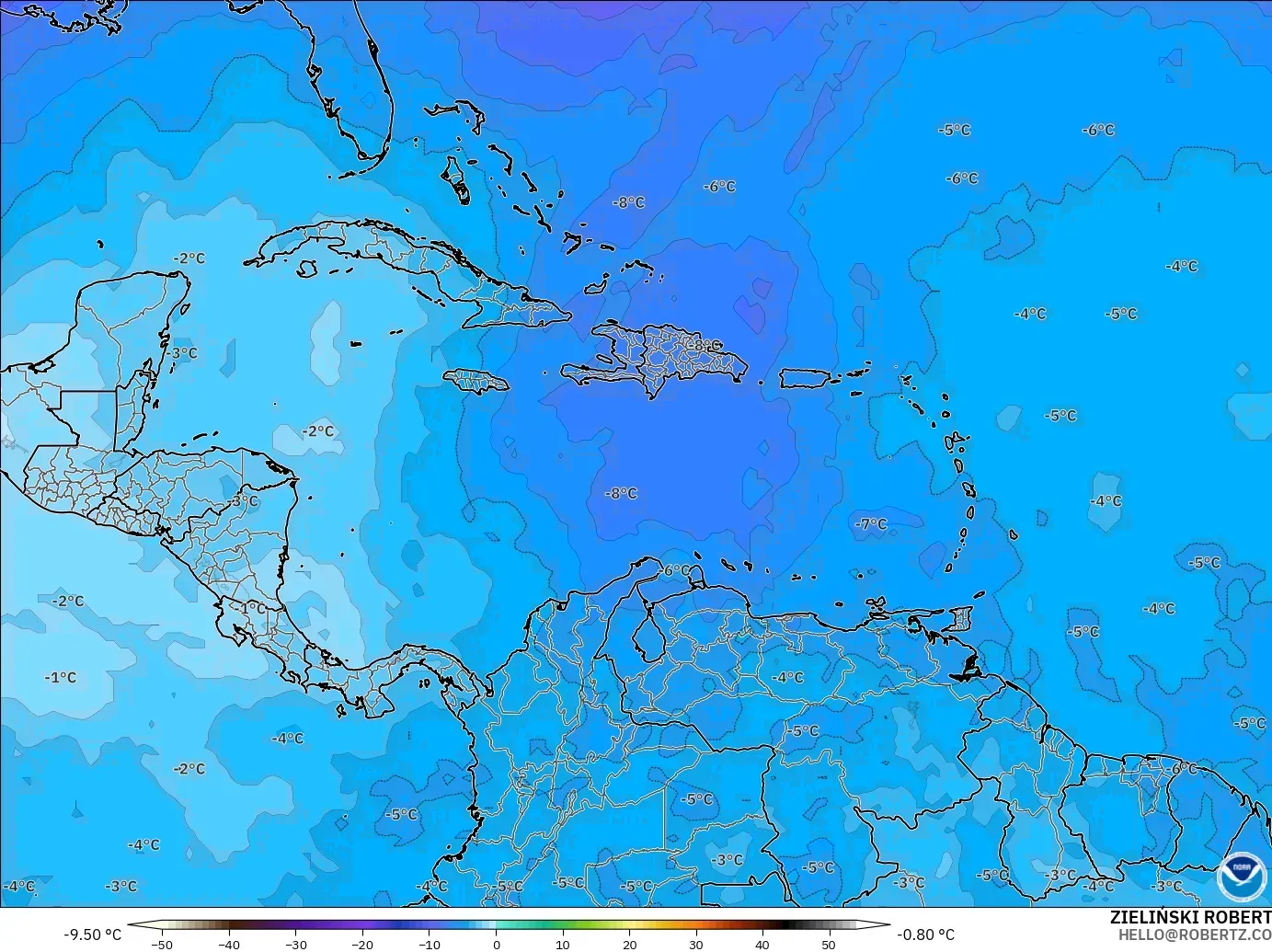 GFS model - Karayipler, 500 hPa Sıcaklık
