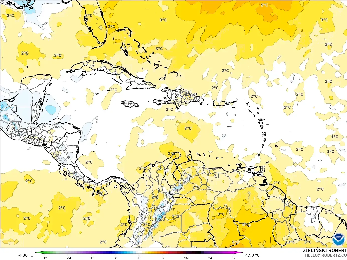 GFS model - Karayipler, 850 hPa Sıcaklık Anomalisi