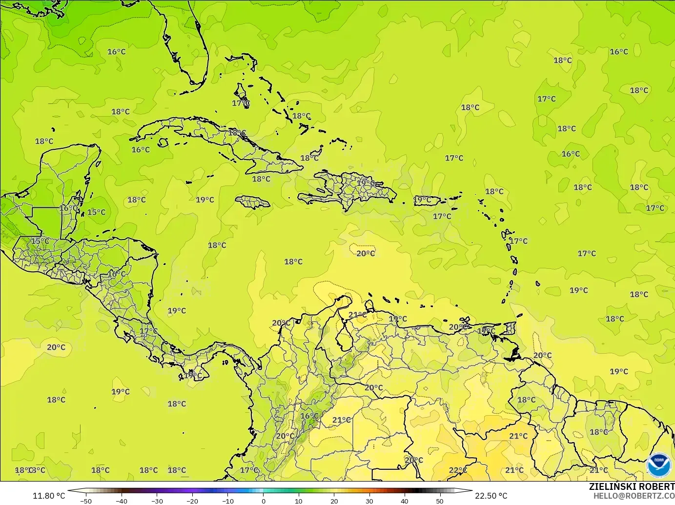 GFS model - Karayipler, 850 hPa Sıcaklık