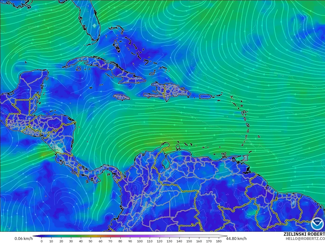 GFS model - Karayipler, 10 m Rüzgâr
