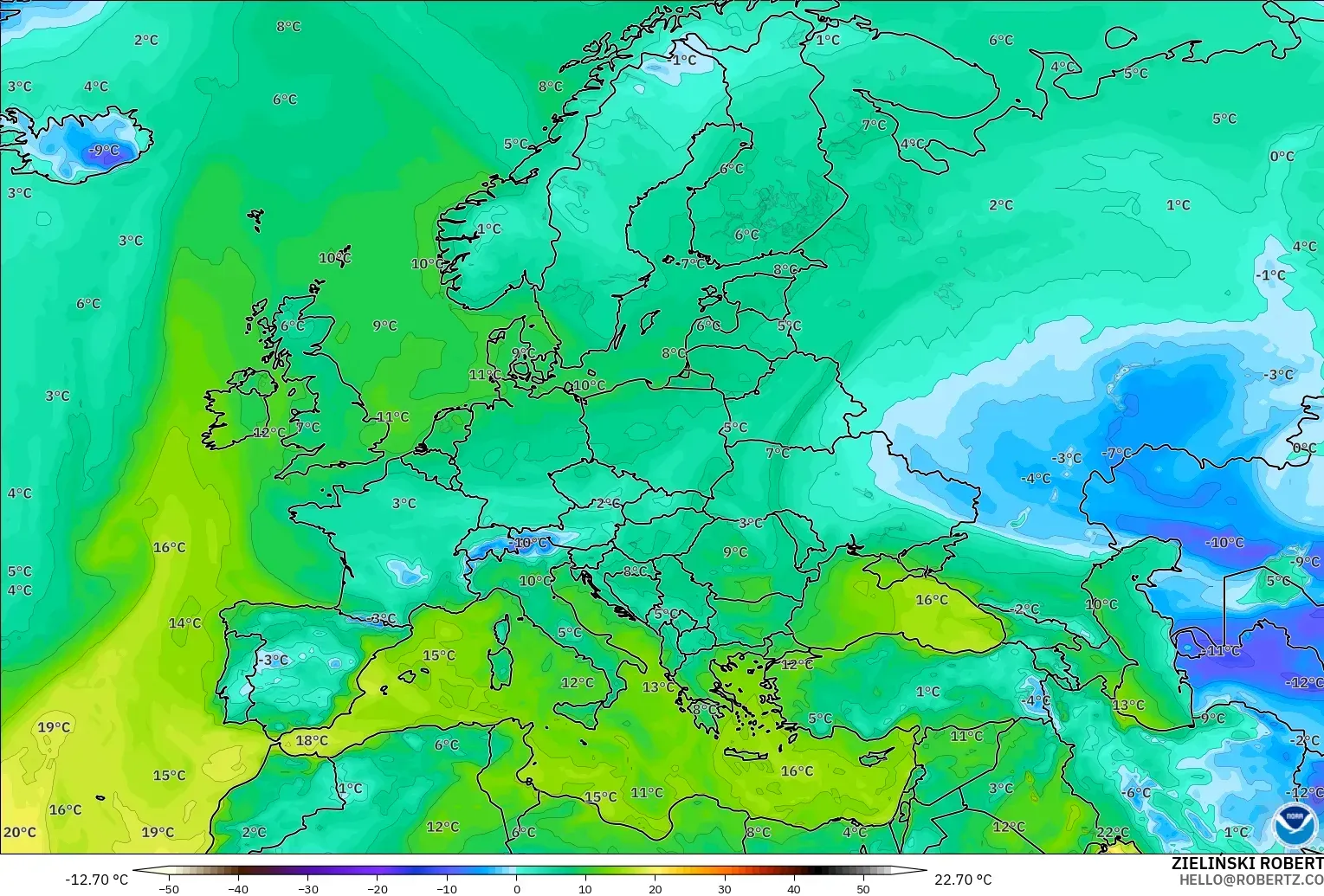 GFS model - Avrupa, 2 m Çiy Noktası