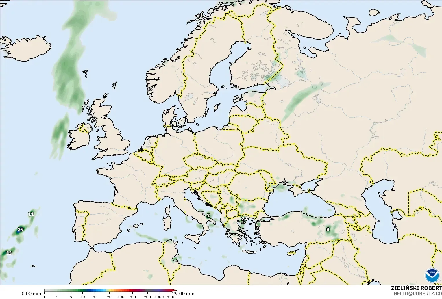 GFS model - Avrupa, Yağış Birikimi