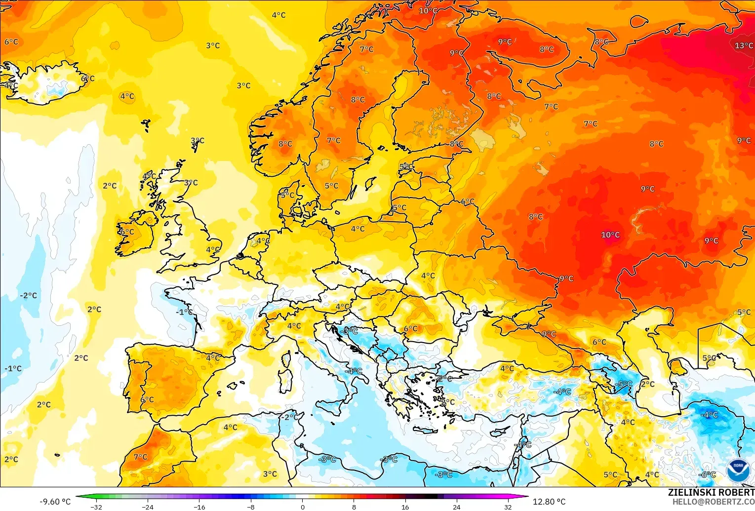 GFS model - Avrupa, 2 m Sıcaklık Anomalisi