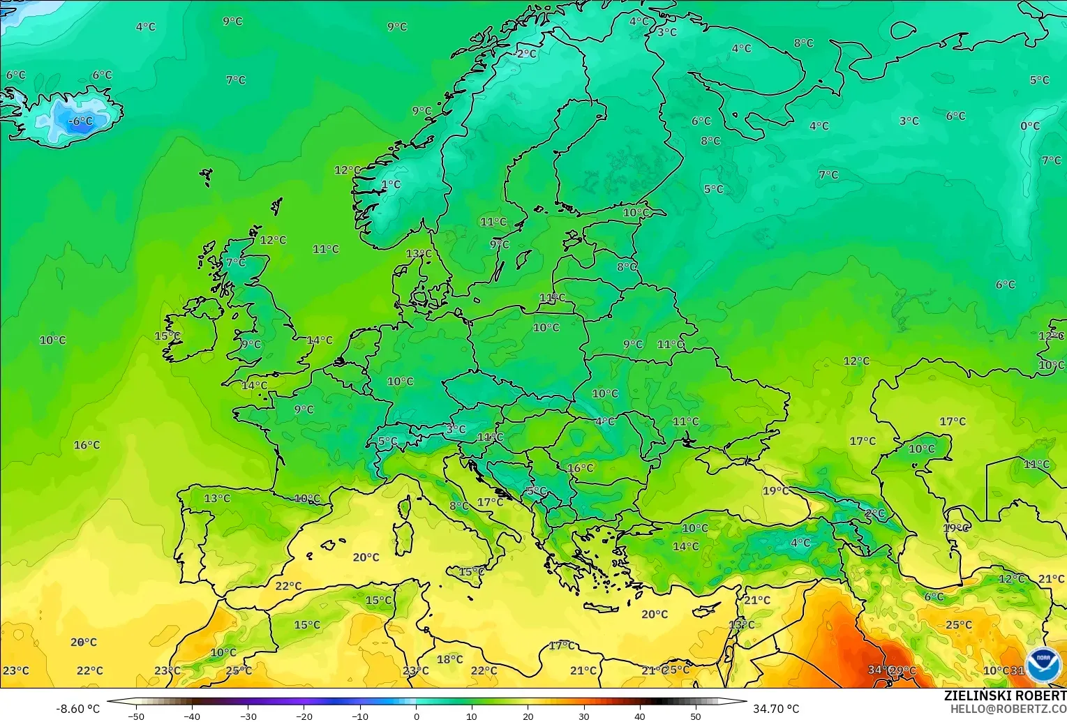 GFS model - Avrupa, 2 m Sıcaklık