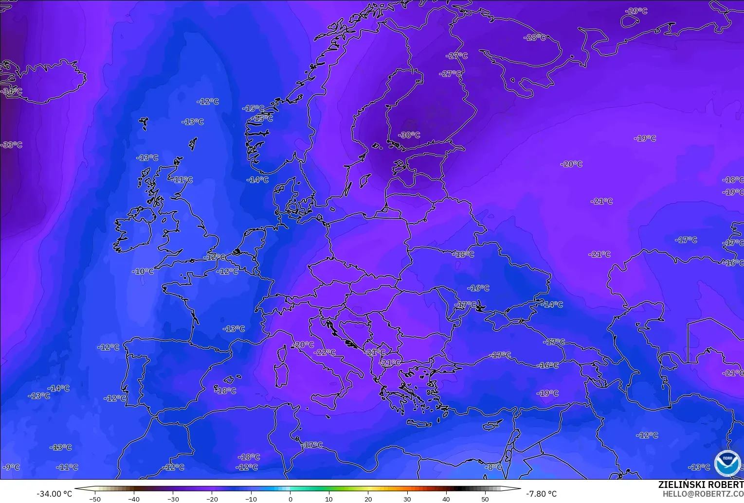 GFS model - Avrupa, 500 hPa Sıcaklık