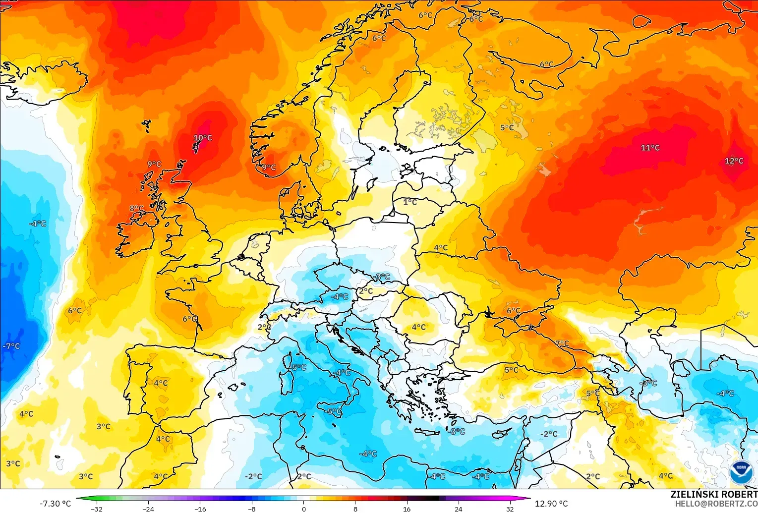 GFS model - Avrupa, 850 hPa Sıcaklık Anomalisi