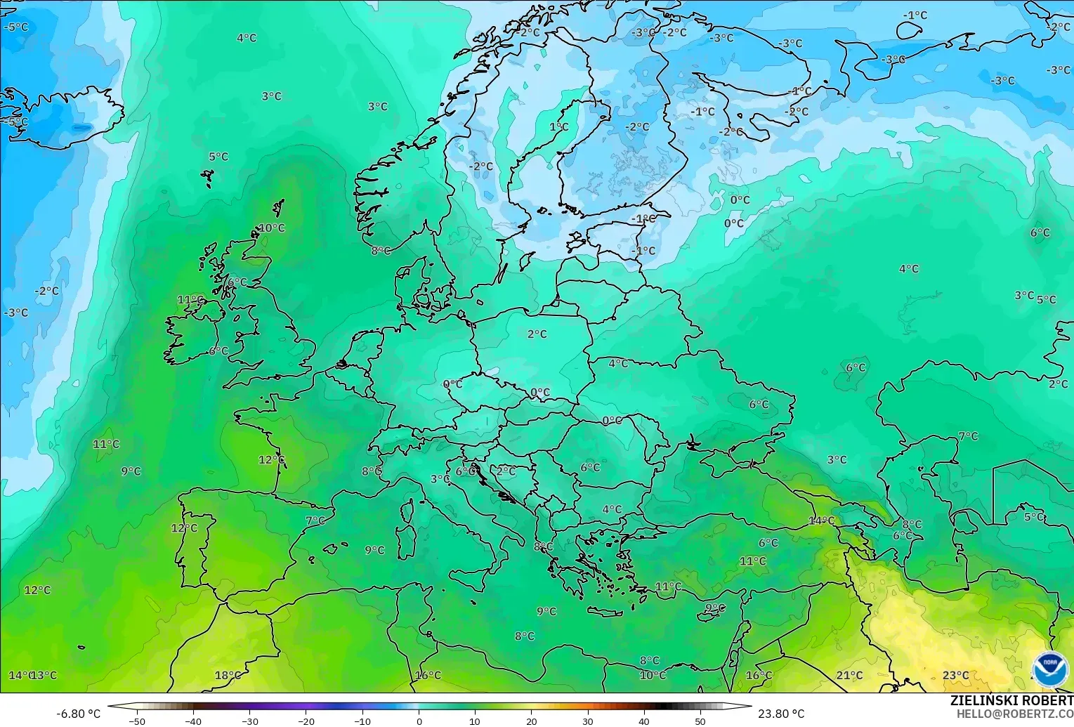 GFS model - Avrupa, 850 hPa Sıcaklık