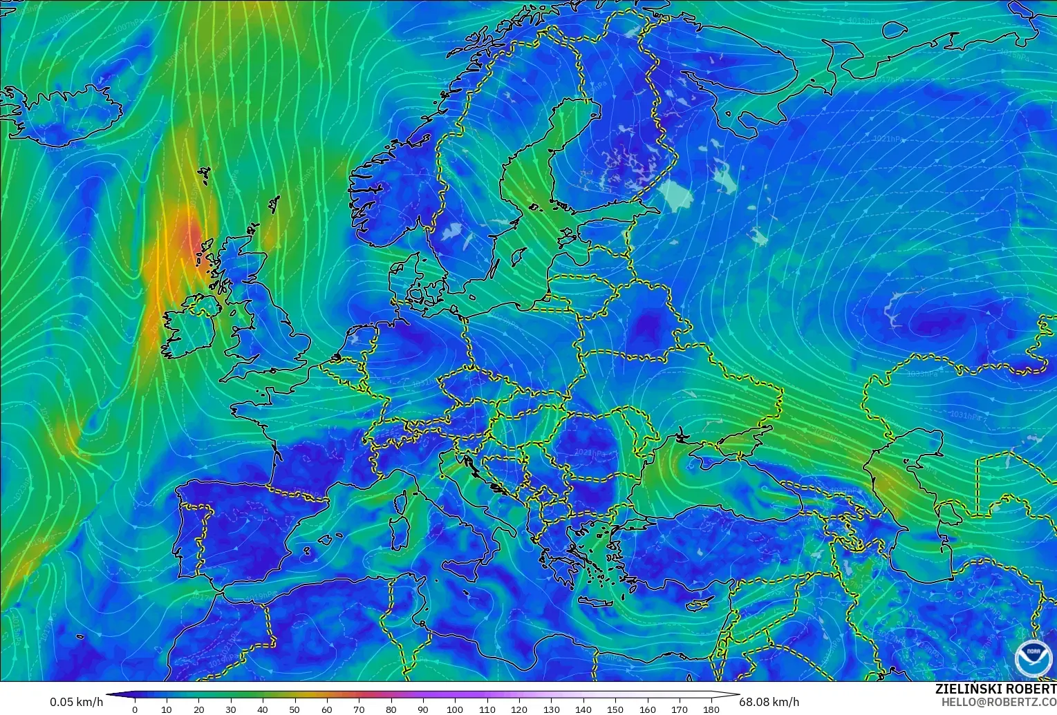 GFS model - Avrupa, 10 m Rüzgâr