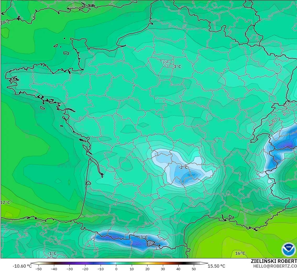 GFS model - Fransa, 2 m Çiy Noktası
