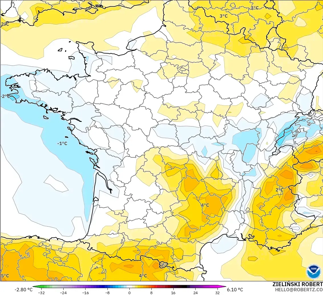 GFS model - Fransa, 2 m Sıcaklık Anomalisi