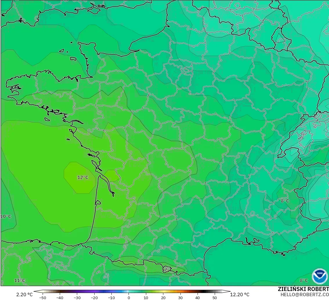 GFS model - Fransa, 850 hPa Sıcaklık