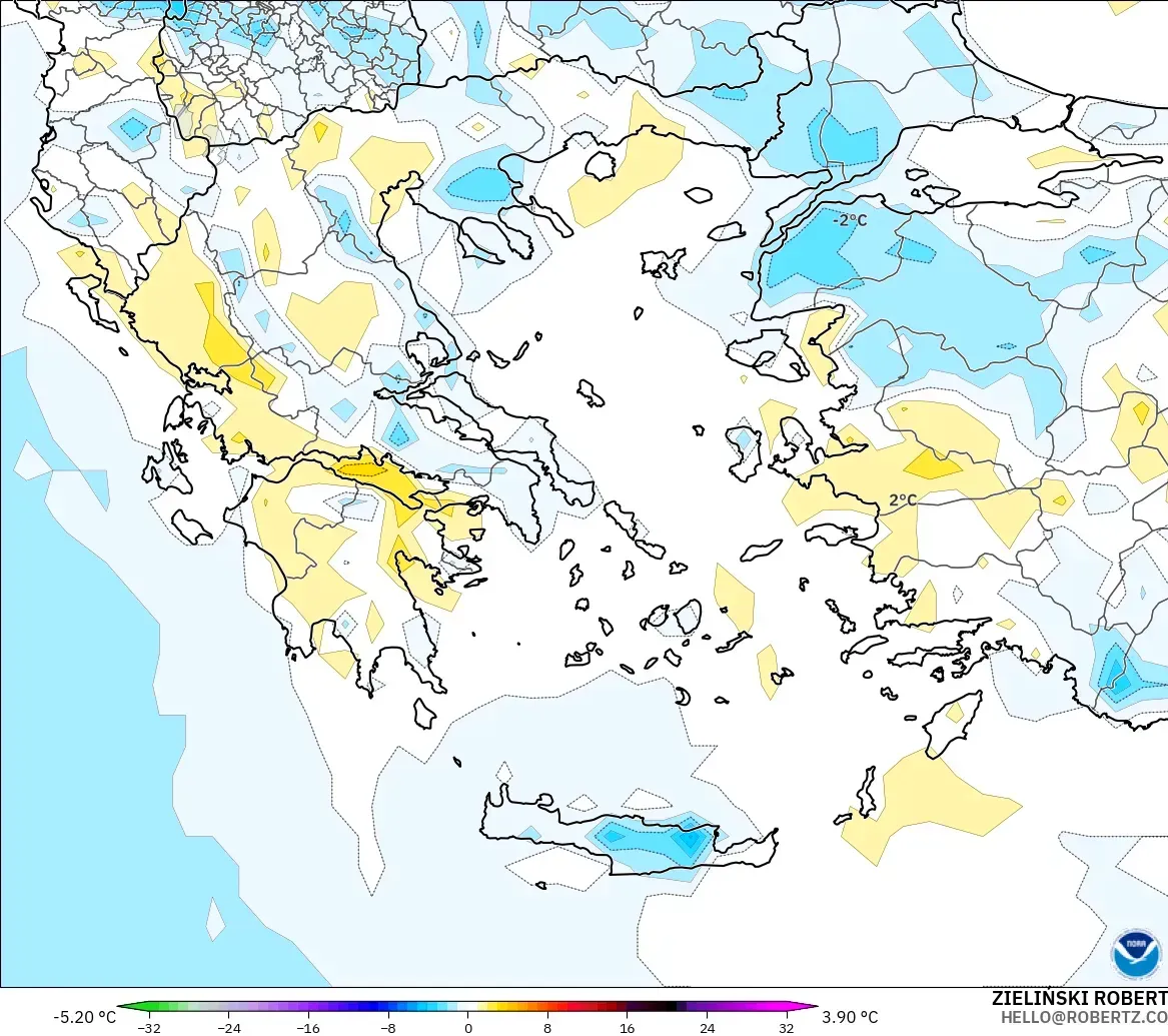 GFS model - Yunanistan, 2 m Sıcaklık Anomalisi