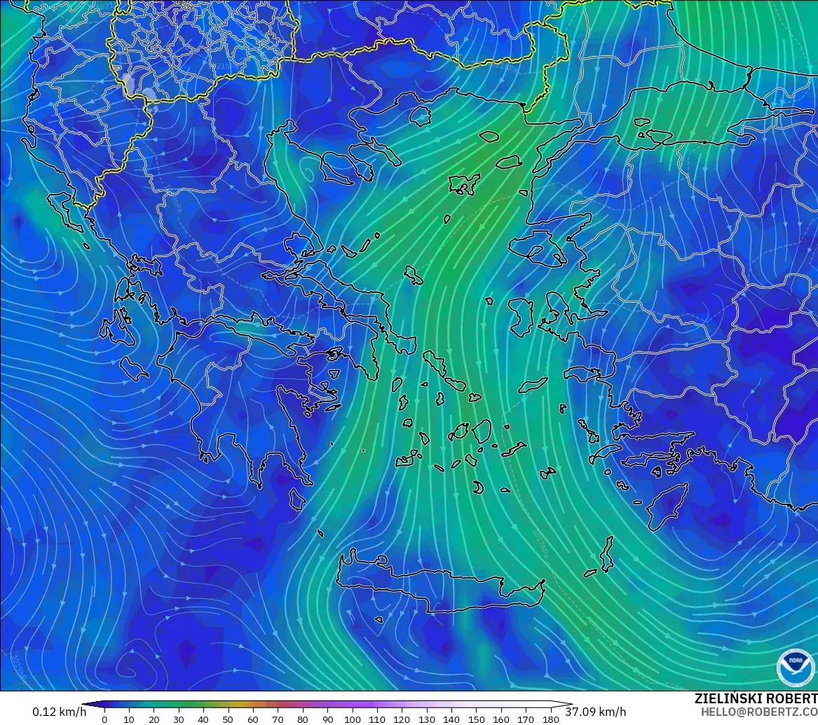 GFS model - Yunanistan, 10 m Rüzgâr