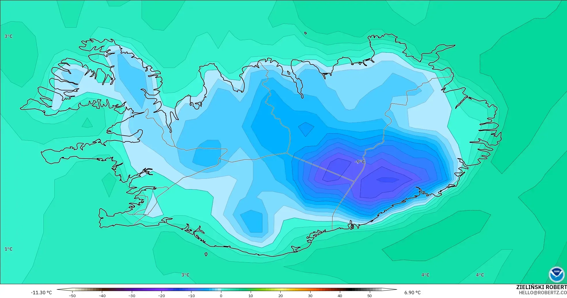 GFS model - İzlanda, 2 m Çiy Noktası