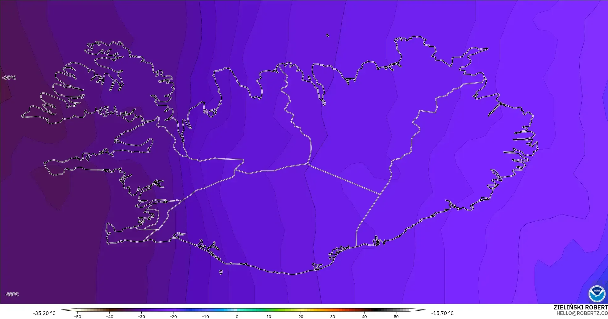 GFS model - İzlanda, 500 hPa Sıcaklık