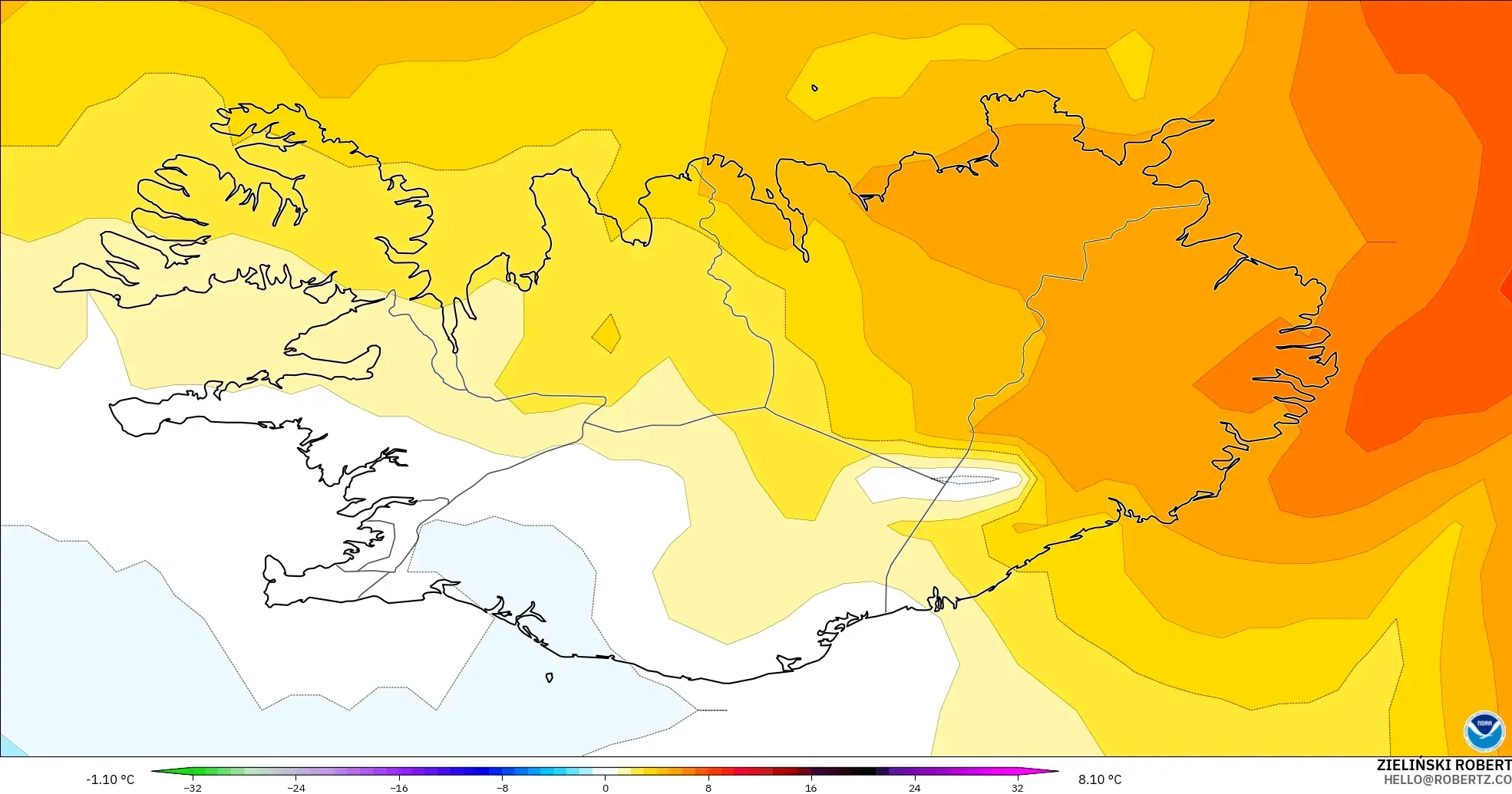 GFS model - İzlanda, 850 hPa Sıcaklık Anomalisi