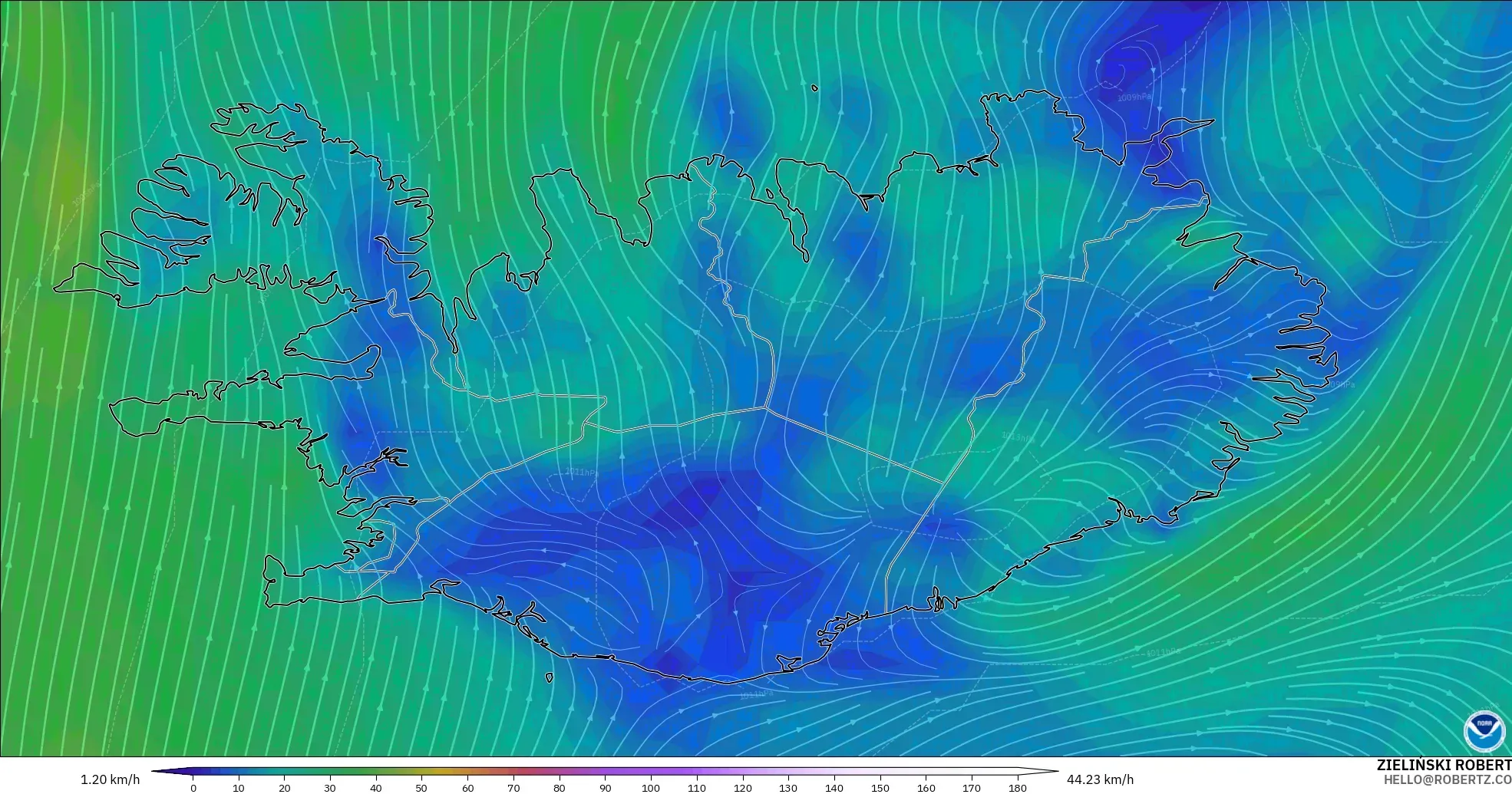 GFS model - İzlanda, 10 m Rüzgâr