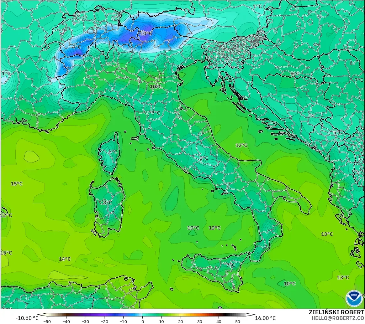 GFS model - İtalya, 2 m Çiy Noktası