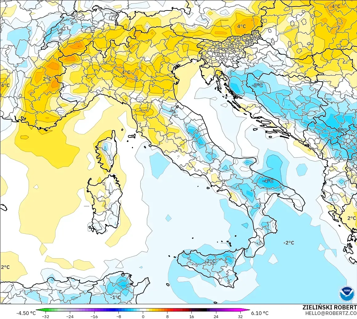 GFS model - İtalya, 2 m Sıcaklık Anomalisi