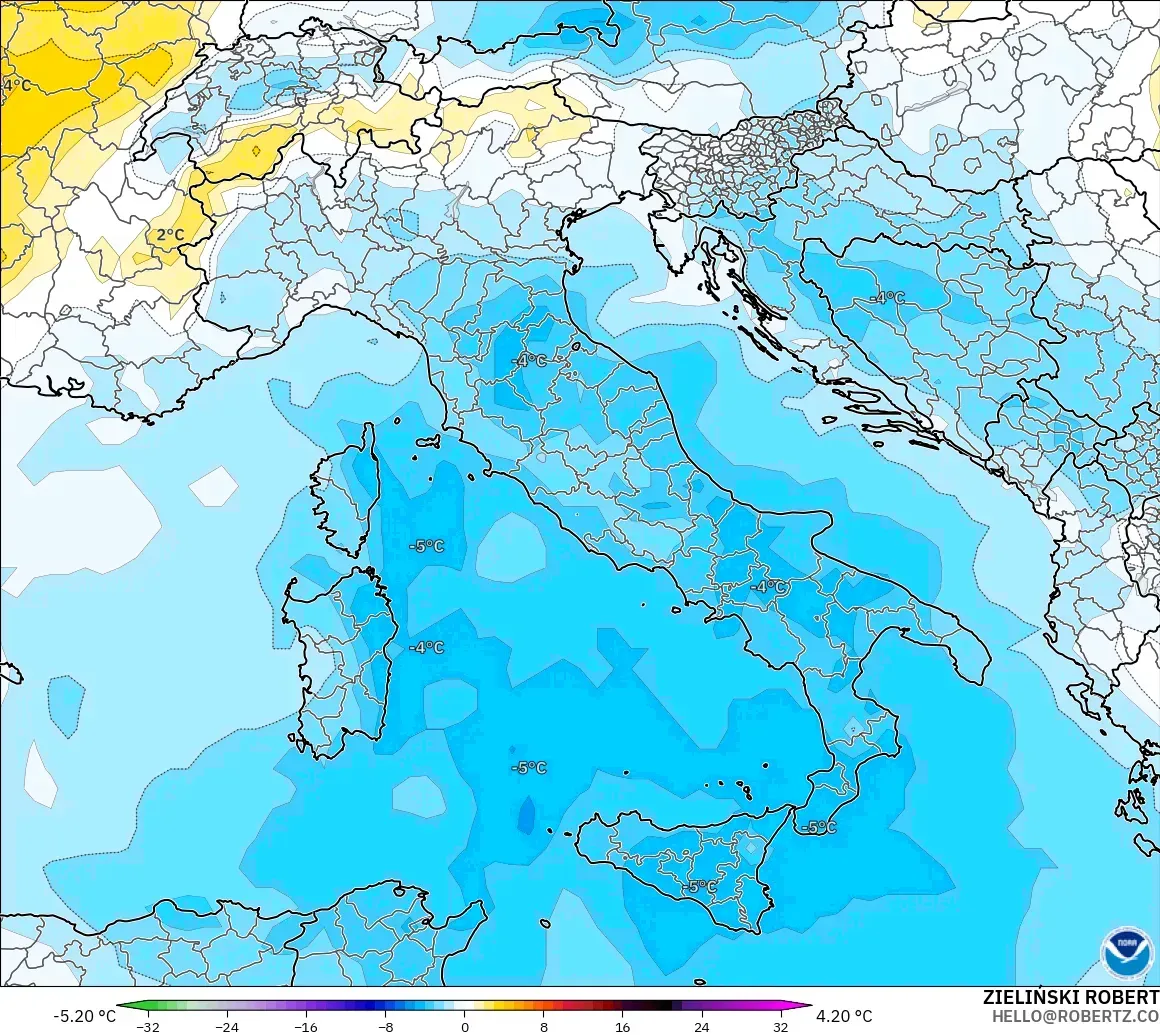 GFS model - İtalya, 850 hPa Sıcaklık Anomalisi