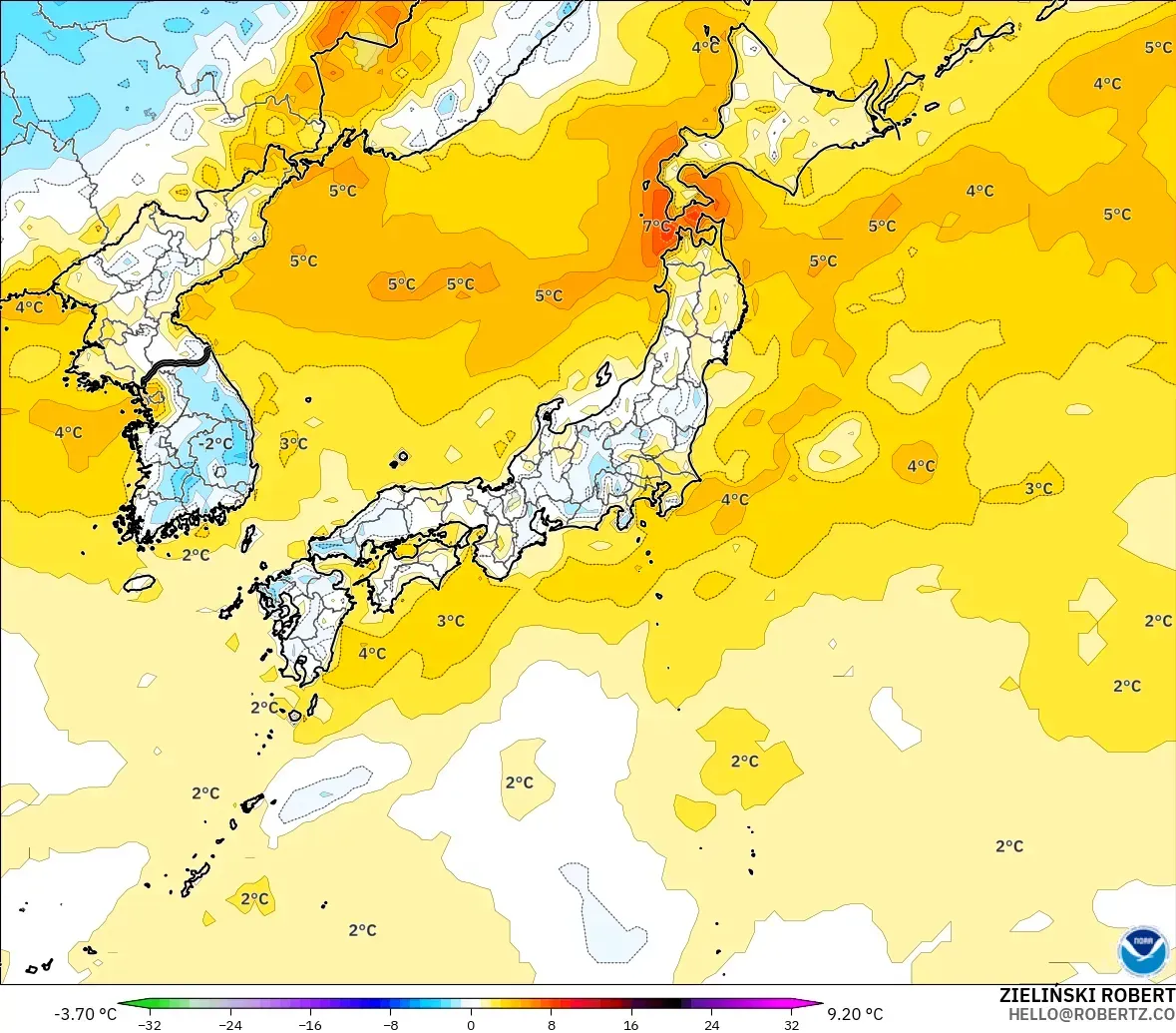 GFS model - Japonya, 2 m Sıcaklık Anomalisi
