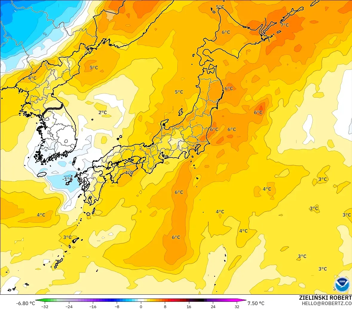 GFS model - Japonya, 850 hPa Sıcaklık Anomalisi