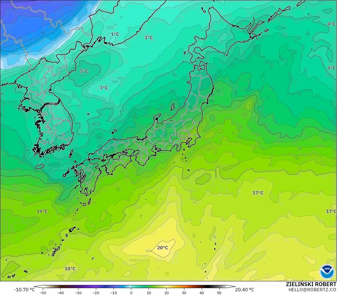 GFS model - Japonya, 850 hPa Sıcaklık