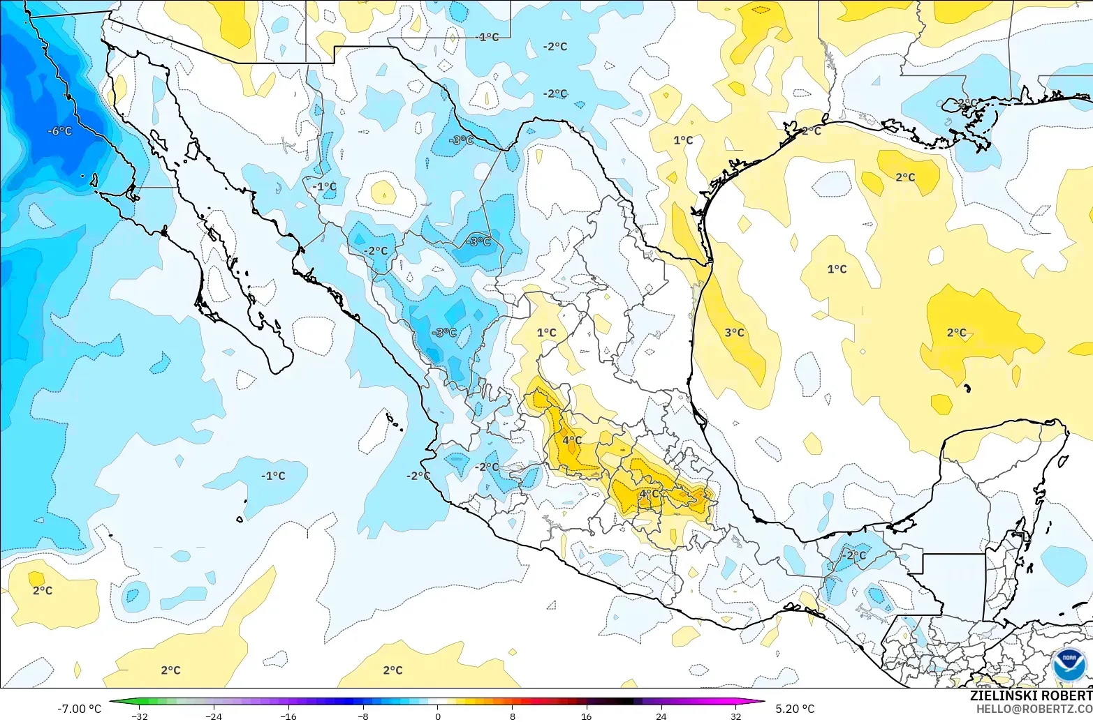 GFS model - Meksika, 850 hPa Sıcaklık Anomalisi