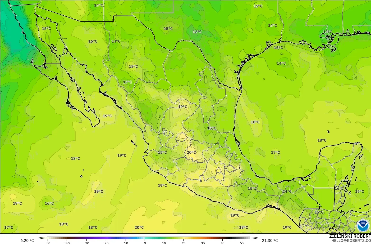 GFS model - Meksika, 850 hPa Sıcaklık