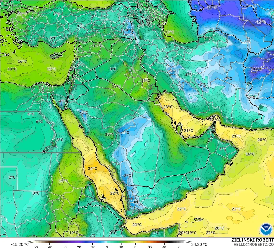 GFS model - Orta Doğu, 2 m Çiy Noktası