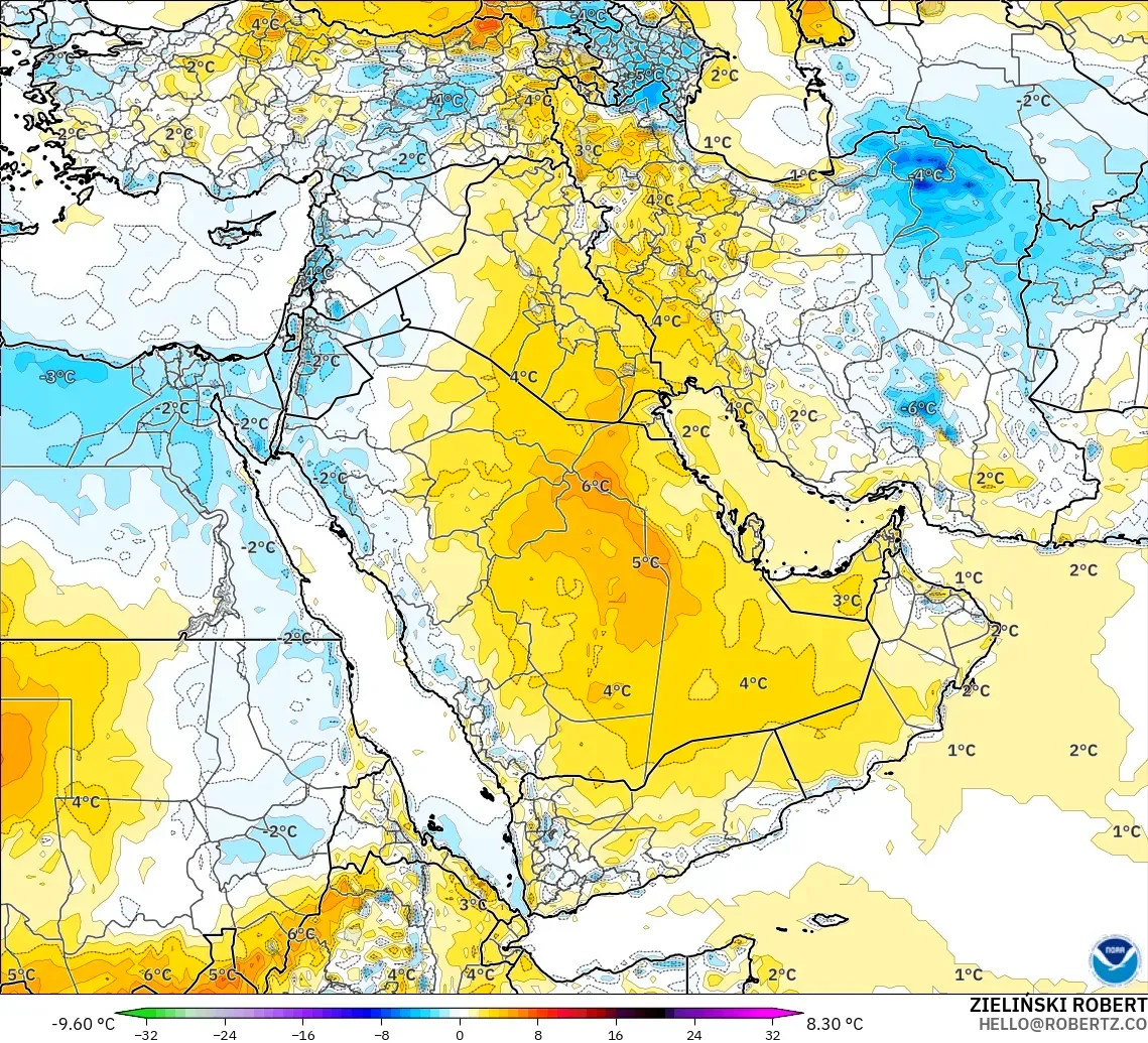 GFS model - Orta Doğu, 2 m Sıcaklık Anomalisi