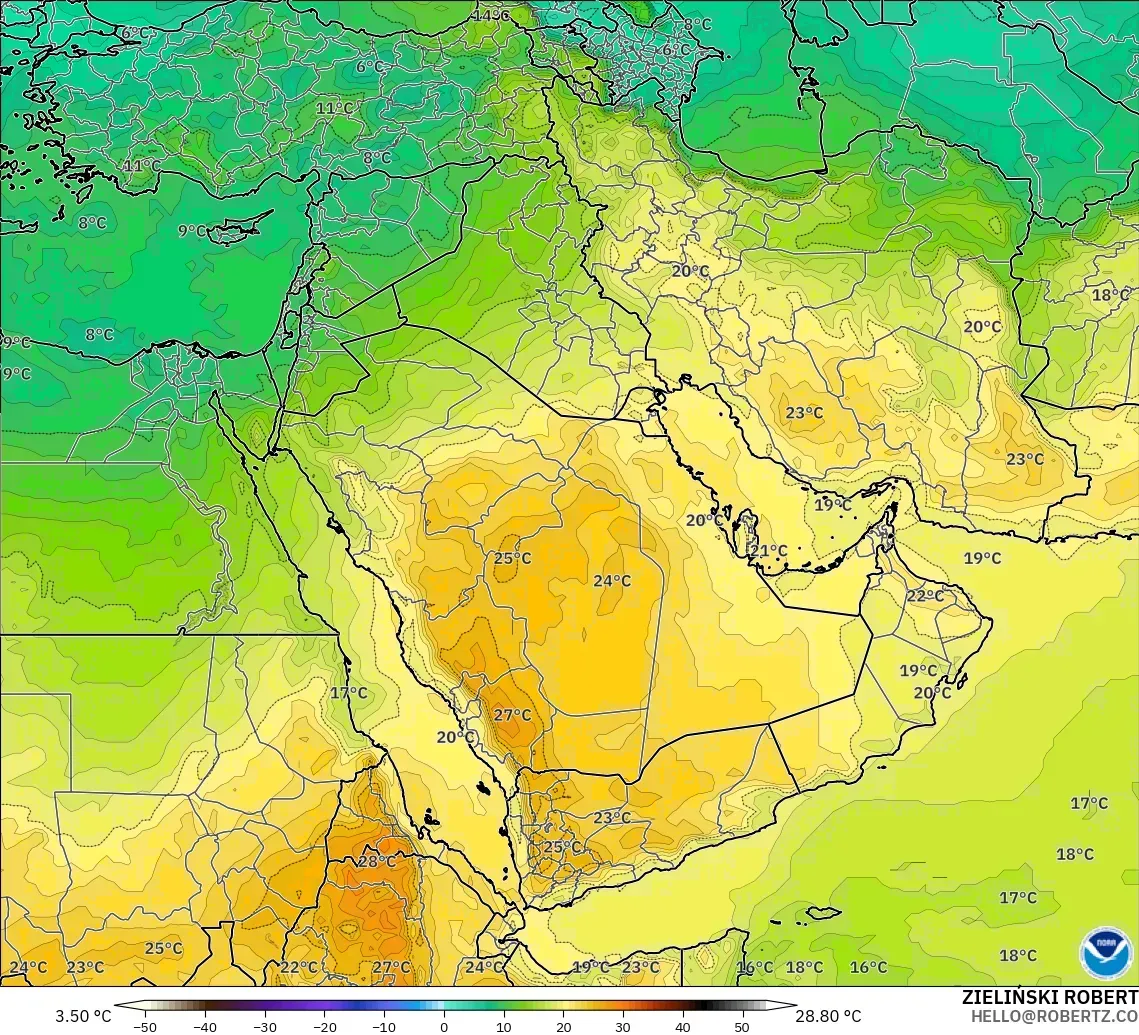GFS model - Orta Doğu, 850 hPa Sıcaklık