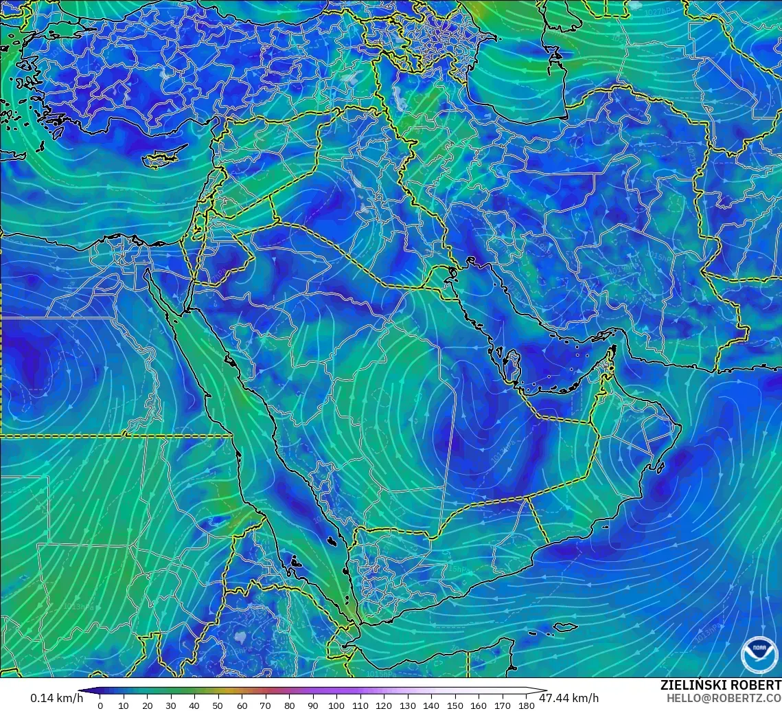 GFS model - Orta Doğu, 10 m Rüzgâr