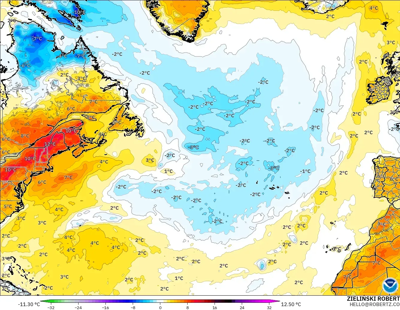 GFS model - Kuzey Atlantik, 2 m Sıcaklık Anomalisi