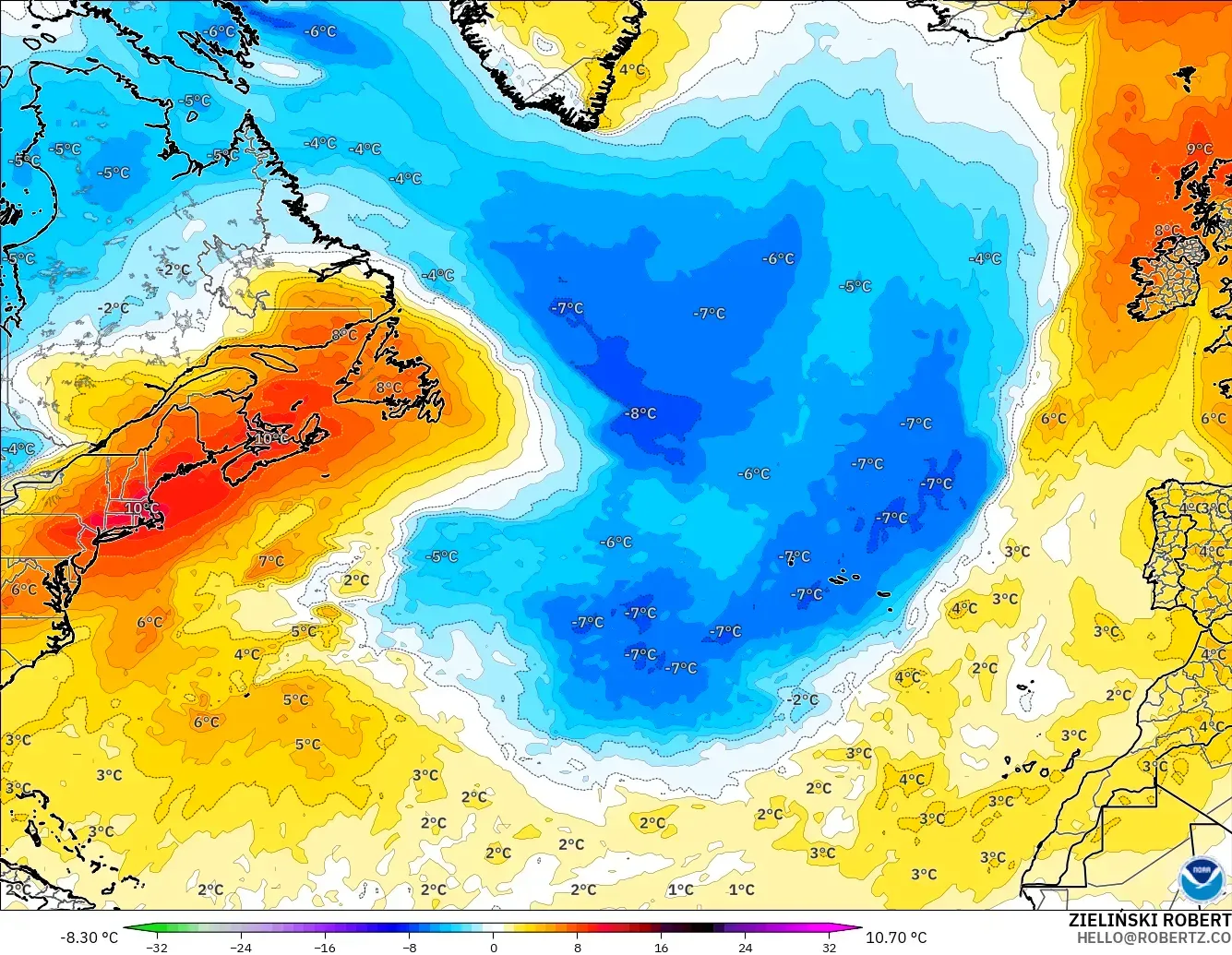 GFS model - Kuzey Atlantik, 850 hPa Sıcaklık Anomalisi