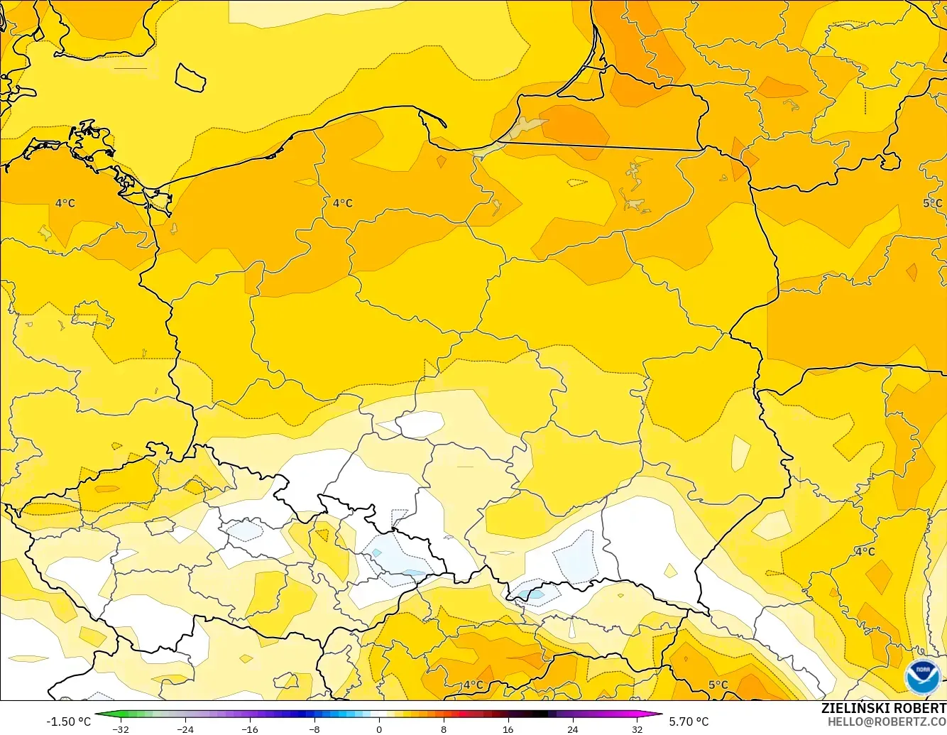 GFS model - Polonya, 2 m Sıcaklık Anomalisi