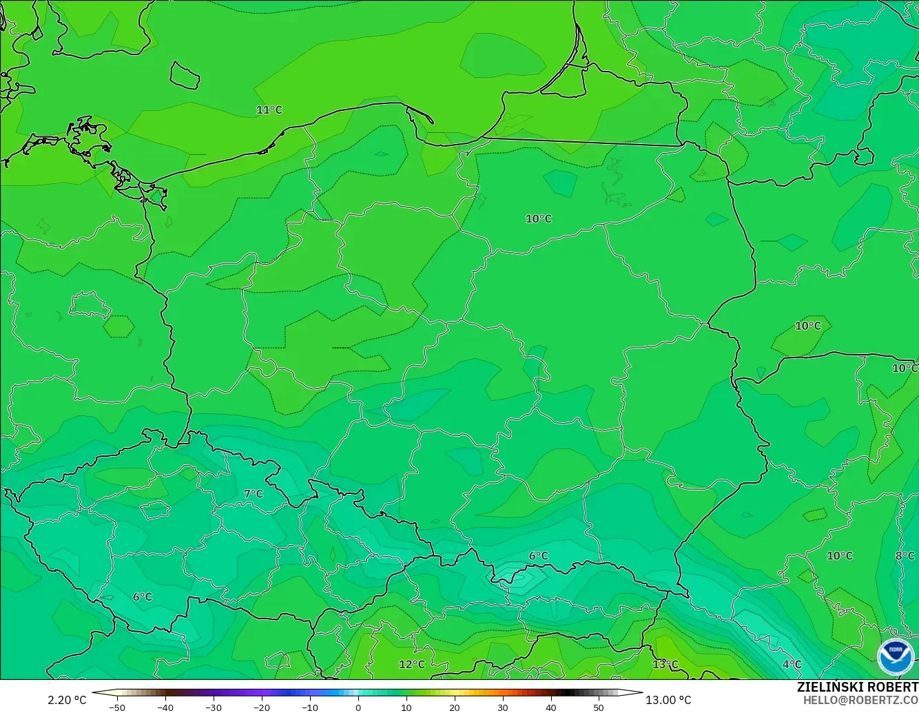 GFS model - Polonya, 2 m Sıcaklık