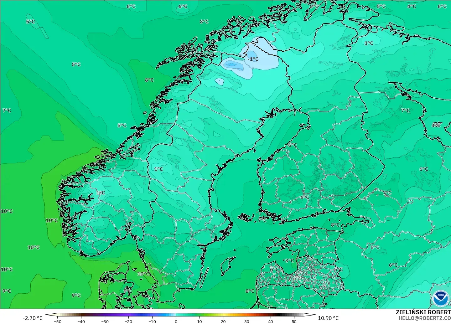 GFS model - İskandinavya, 2 m Çiy Noktası