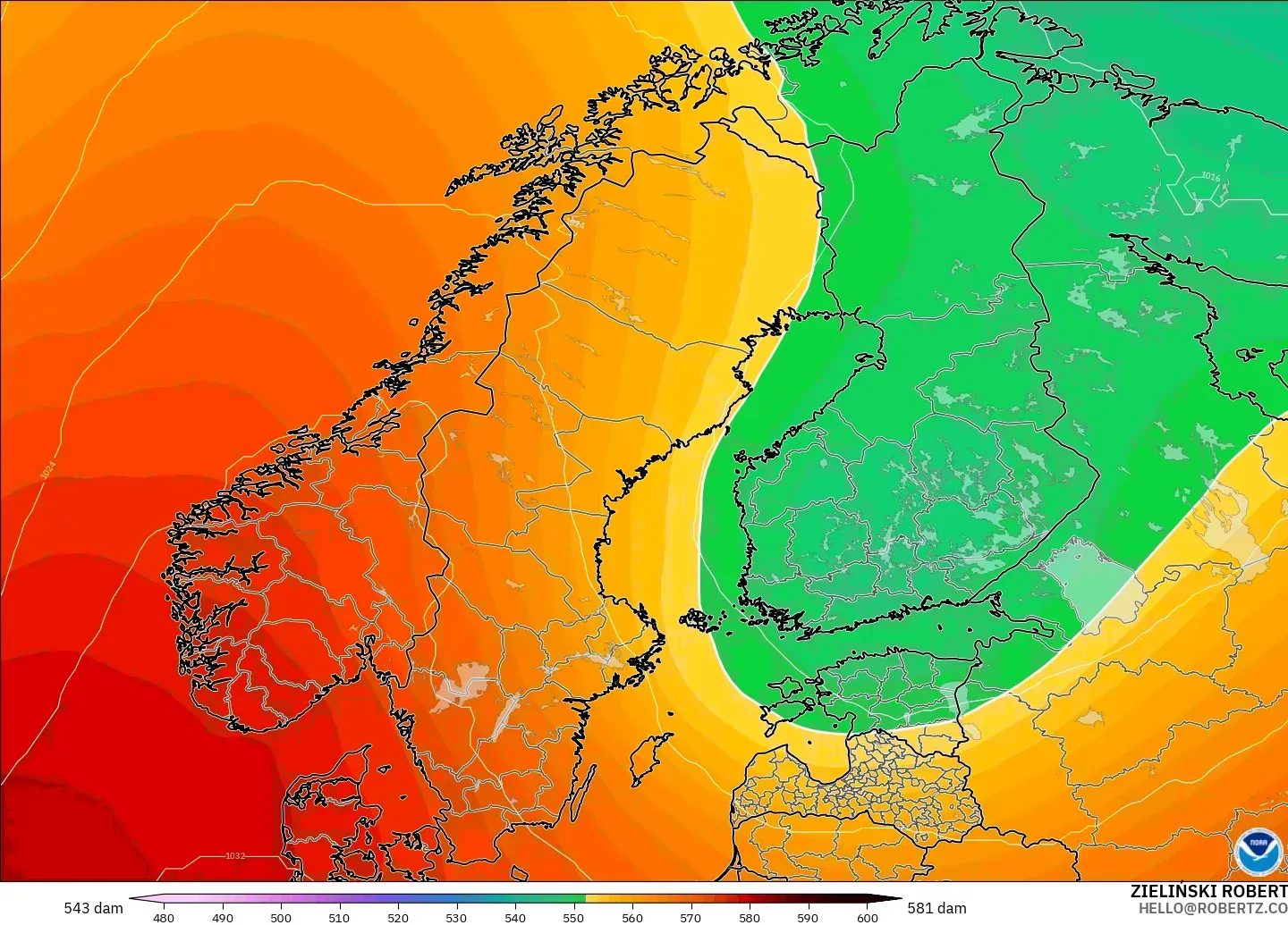 GFS model - İskandinavya, 500 hPa’da jeopotansiyel yükseklik