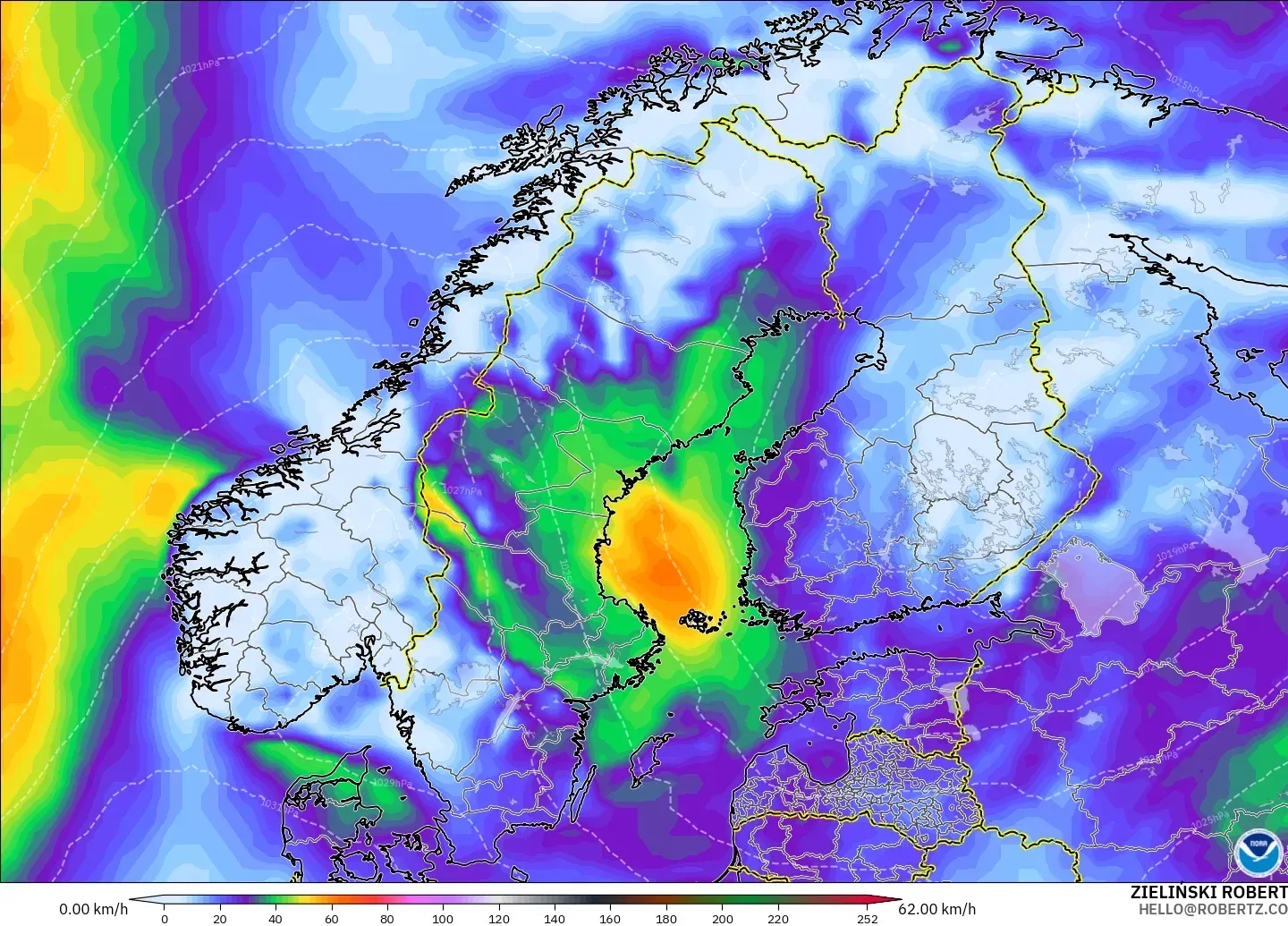 GFS model - İskandinavya, En Yüksek Rüzgâr