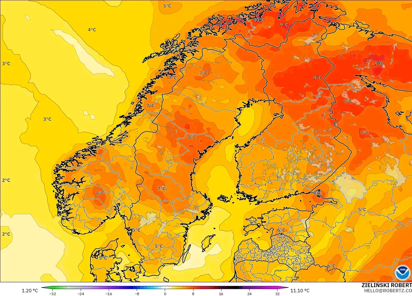 GFS model - İskandinavya, 2 m Sıcaklık Anomalisi