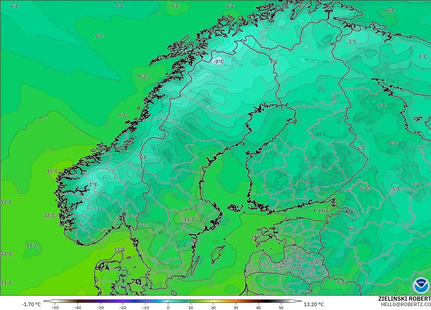 GFS model - İskandinavya, 2 m Sıcaklık