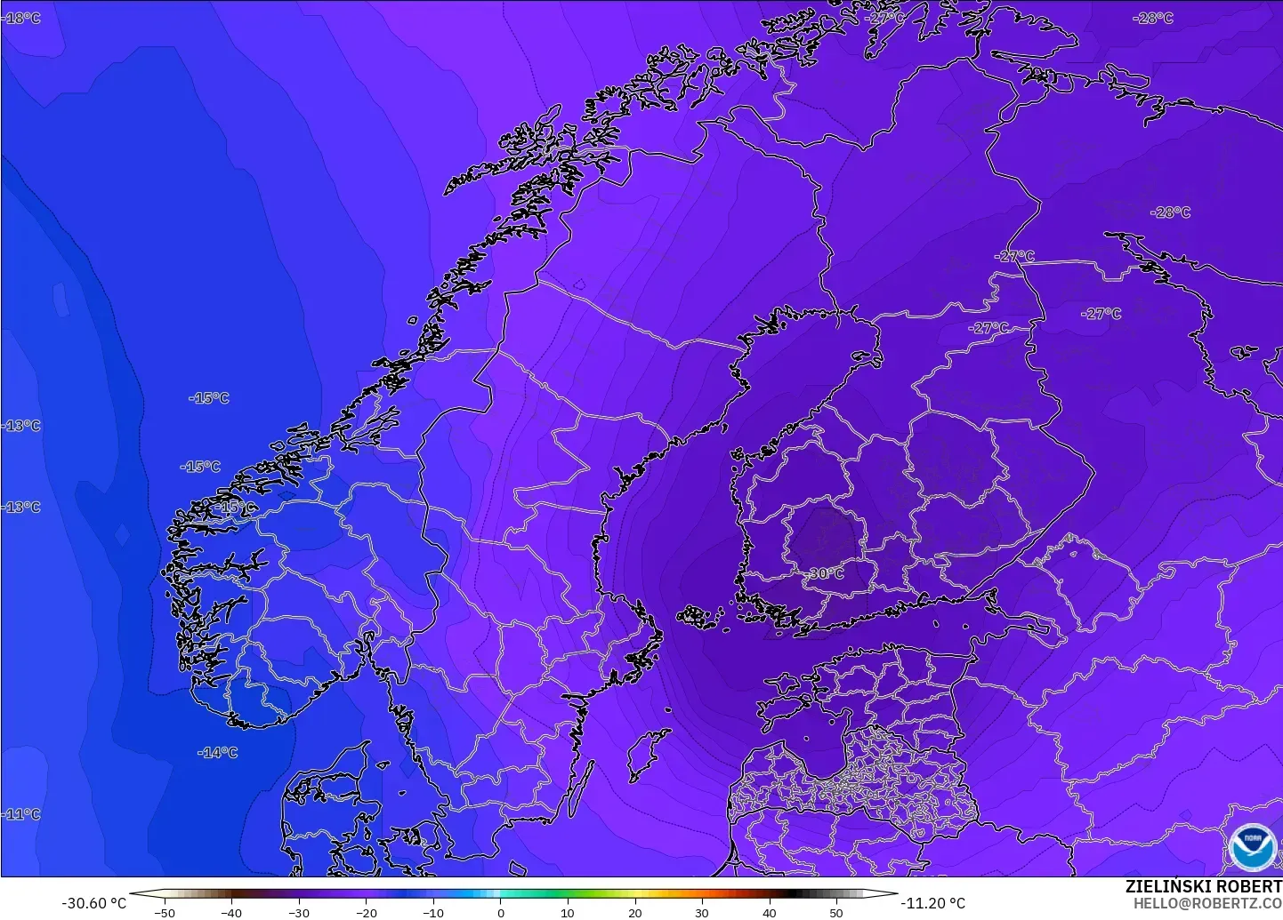 GFS model - İskandinavya, 500 hPa Sıcaklık