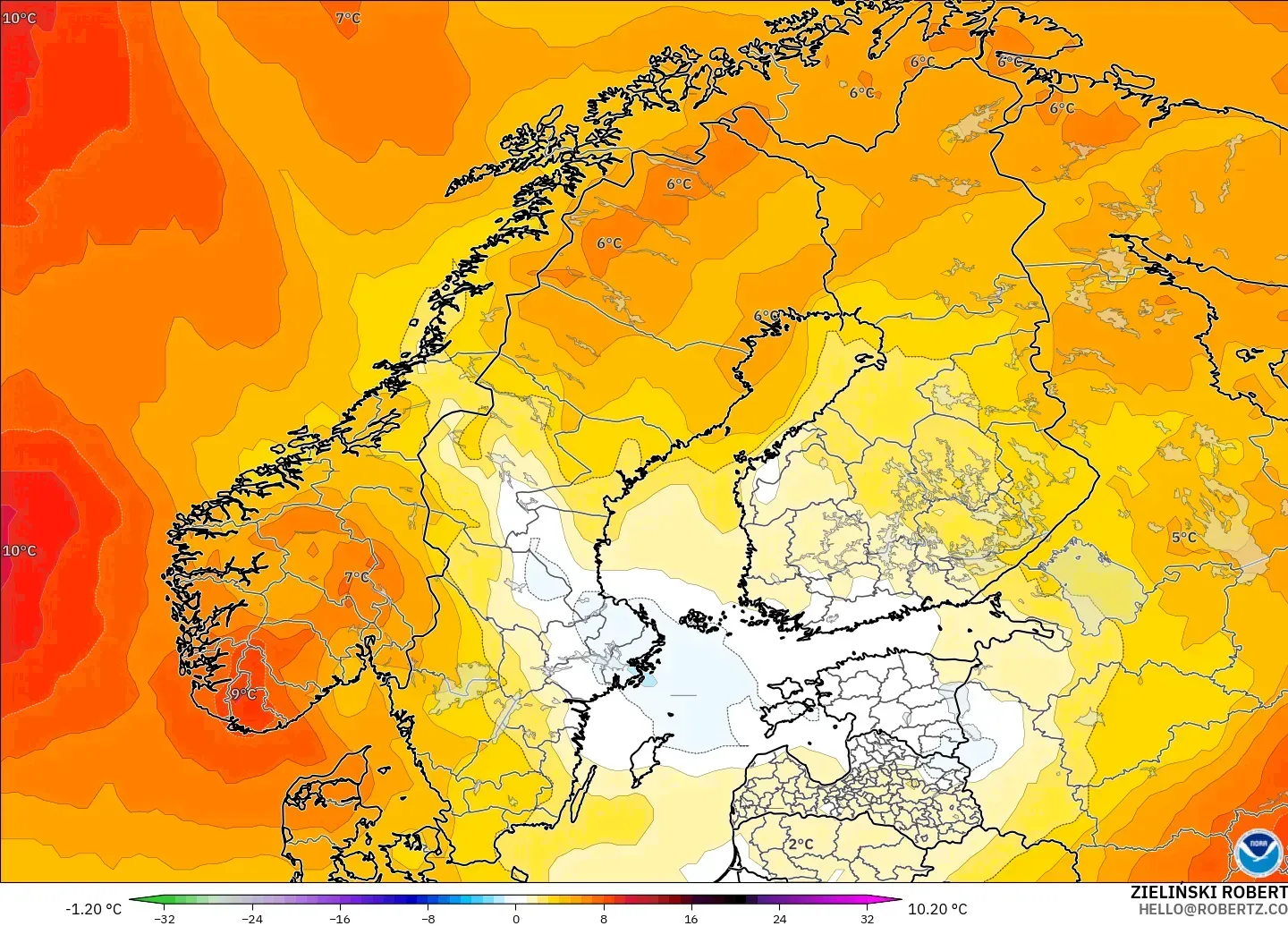 GFS model - İskandinavya, 850 hPa Sıcaklık Anomalisi