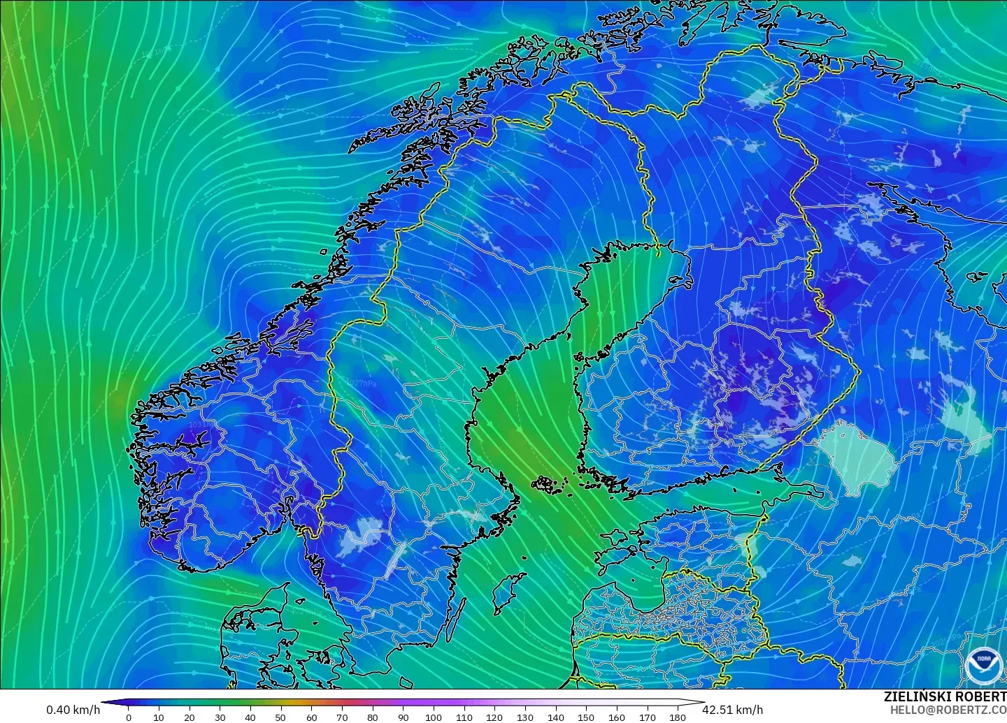 GFS model - İskandinavya, 10 m Rüzgâr