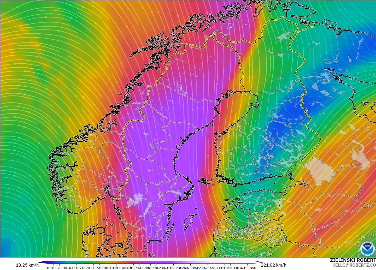 GFS model - İskandinavya, 300 hPa Rüzgârı (jet)