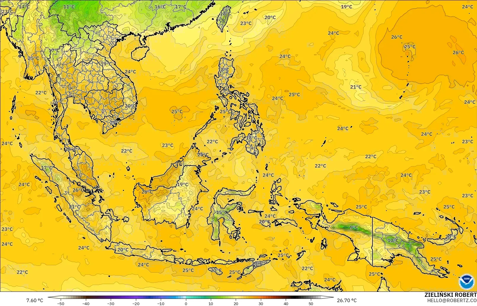 GFS model - Güneydoğu Asya, 2 m Çiy Noktası